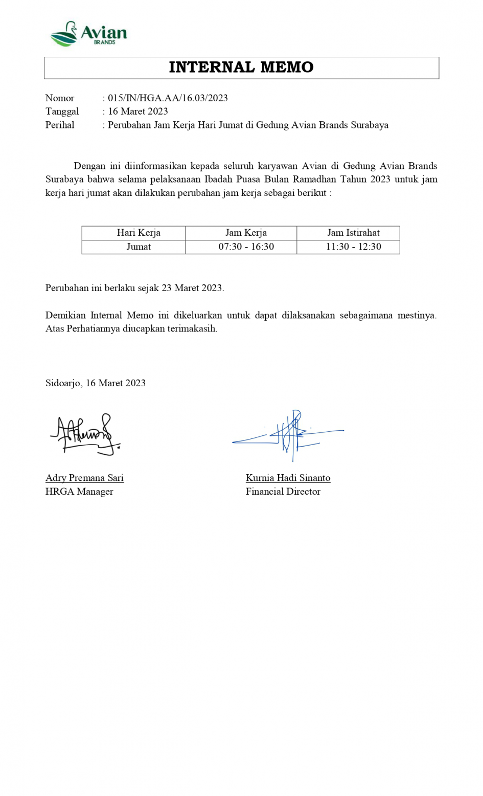 IM Perubahan Jam Kerja Gedung Avian Brands Surabaya 2023