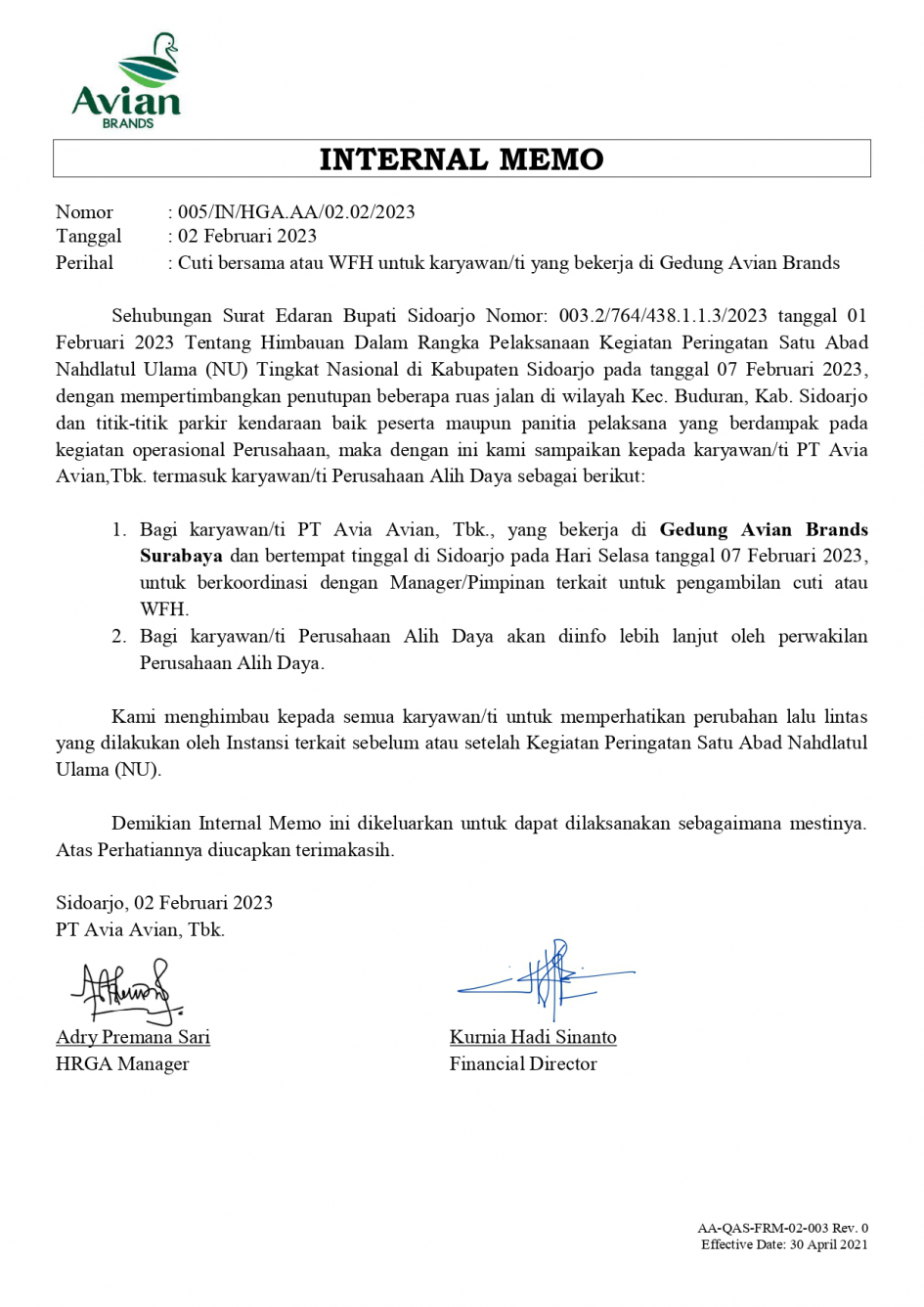 Cuti bersama atau WFH untuk karyawan/ti yang bekerja di Gedung Avian Brands