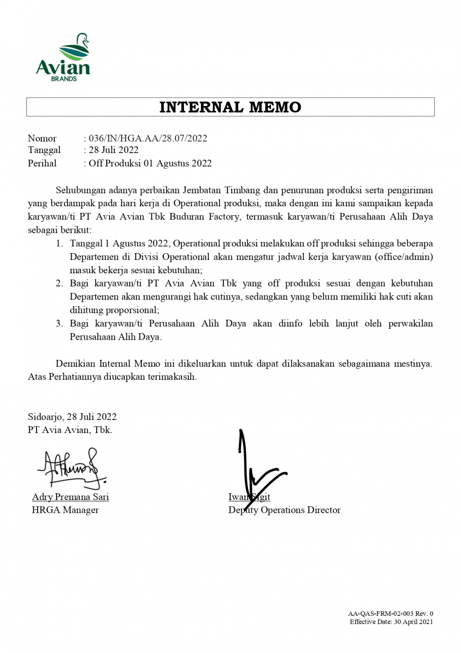 IM Off Produksi 01 Agustus 2022