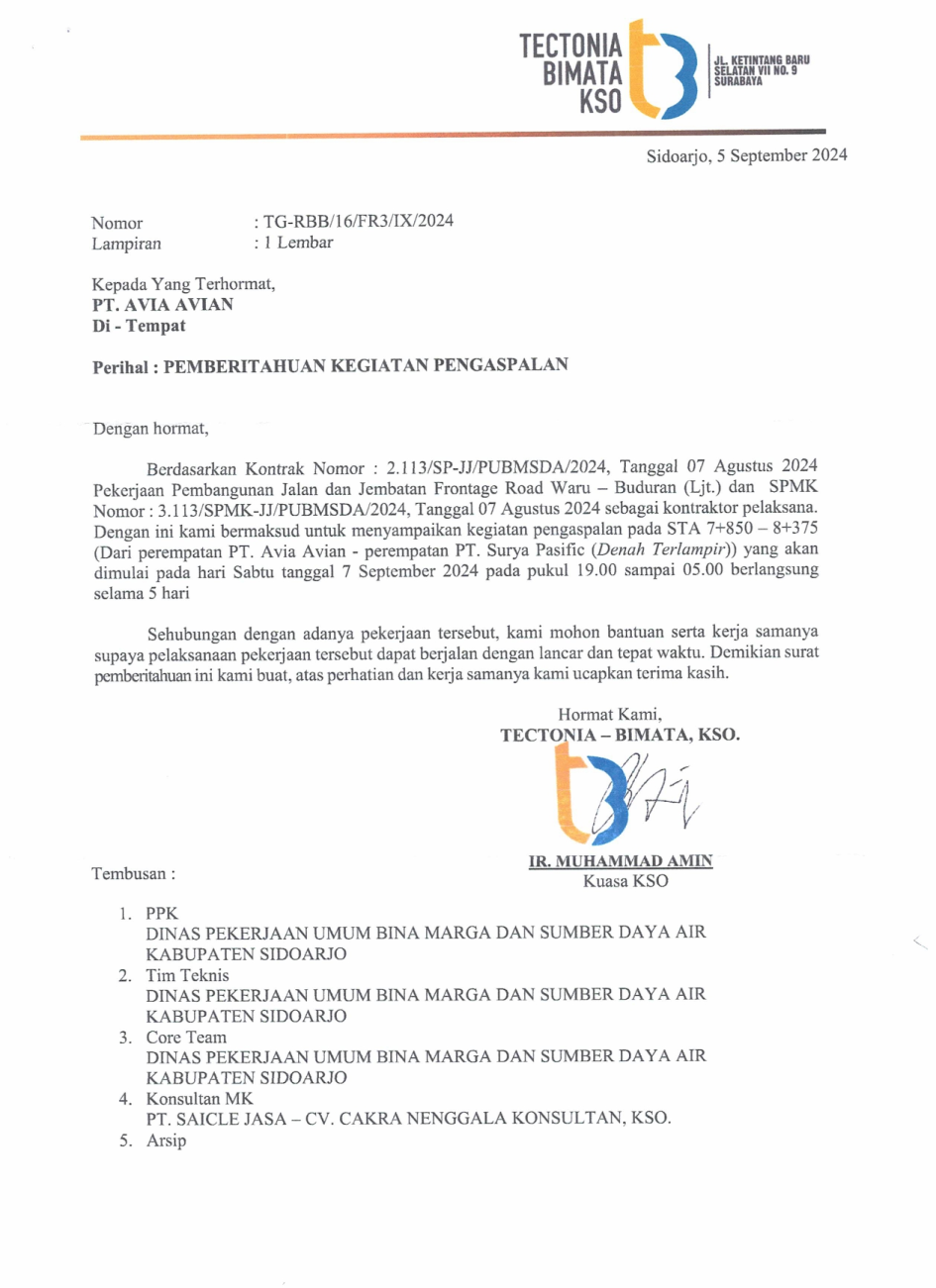 Pemberitahuan Pengerjaan Pengaspalan Jalan Frontage Depan PT Avia Avian Tbk