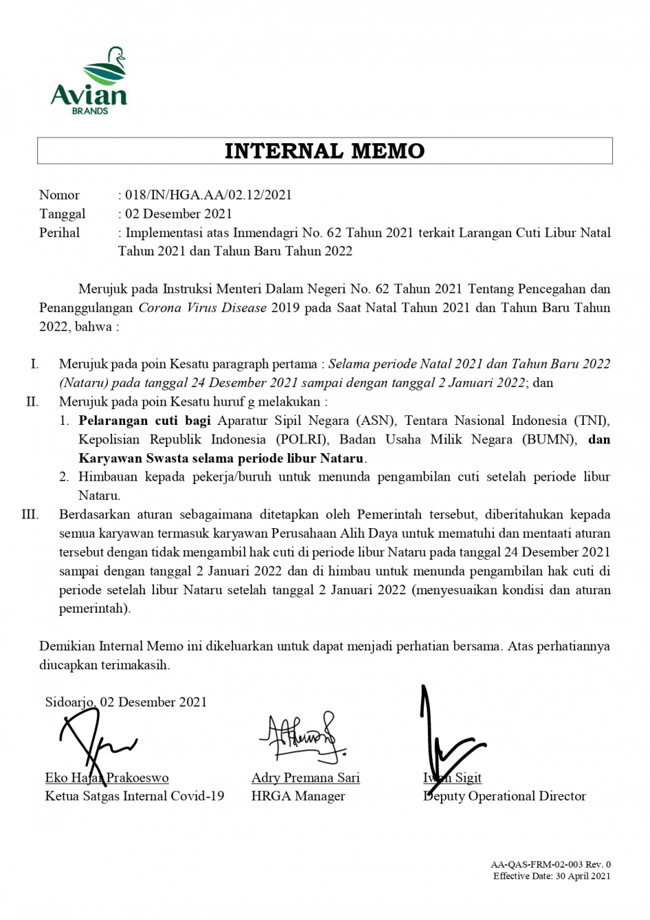 Implementasi atas Inmendagri No. 62 Tahun 2021 terkait Larangan Cuti Libur NATARU 2021-2022