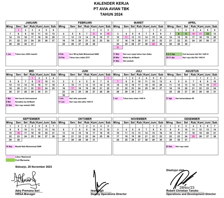 Kalender Kerja PT Avia Avian Tbk Tahun 2024