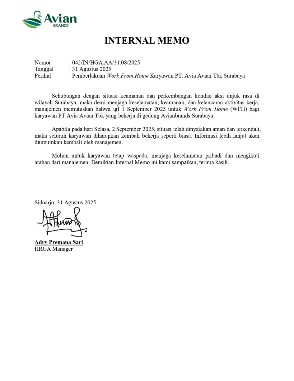 IM Pemberlakuan Work From Home Karyawan PT. Avia Avian Tbk Surabaya