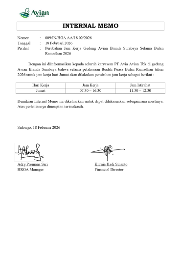 IM Perubahan Jam Kerja Gedung Avian Brands Surabaya Selama Bulan Ramadhan 2026