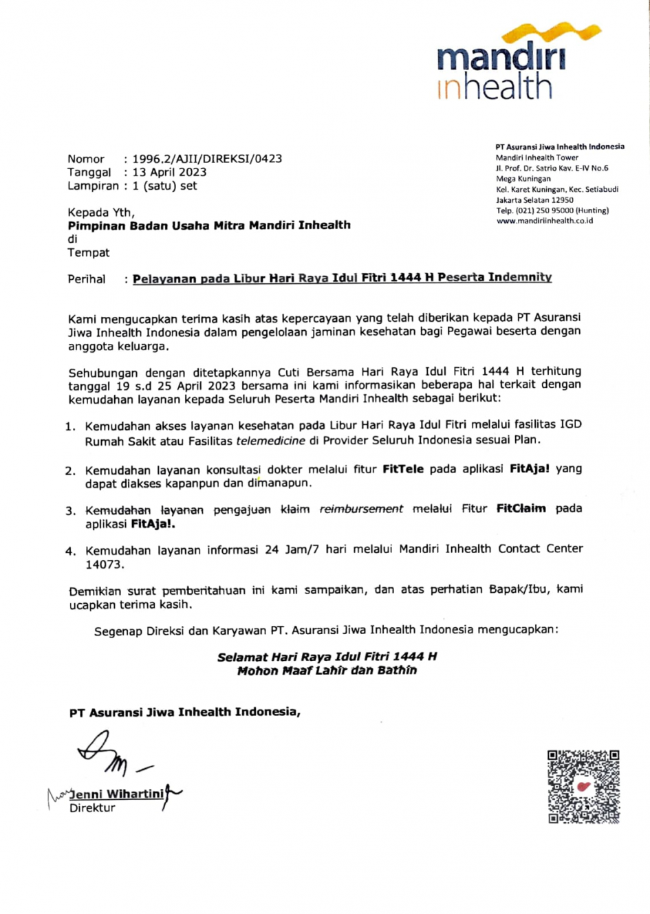 Mandiri Inhealth Health Services on Eid al-Fitr 1444H Holidays