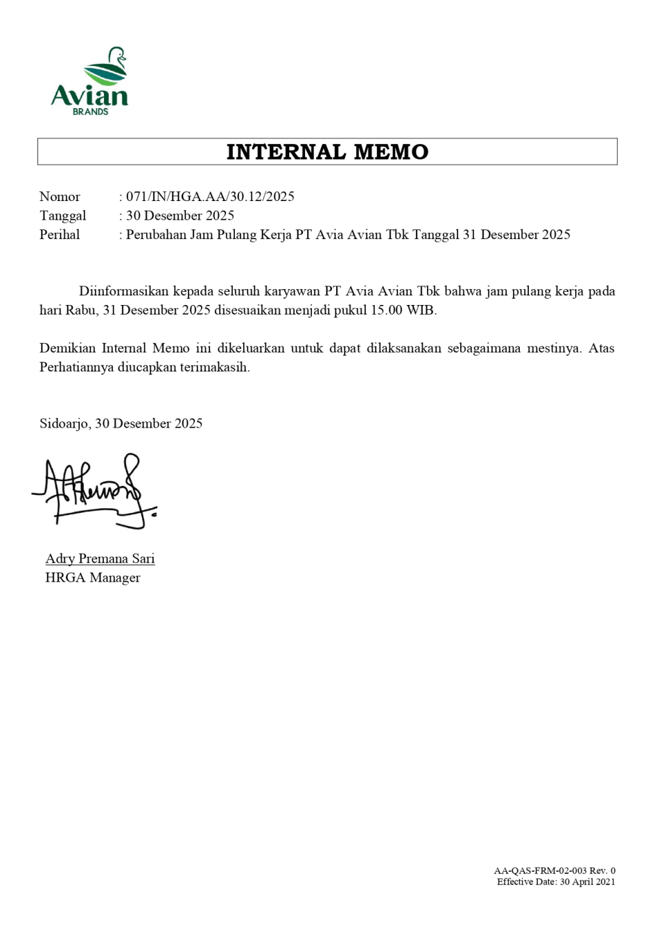 Perubahan Jam Pulang Kerja PT Avia Avian Tbk Tanggal 31 Desember 2025