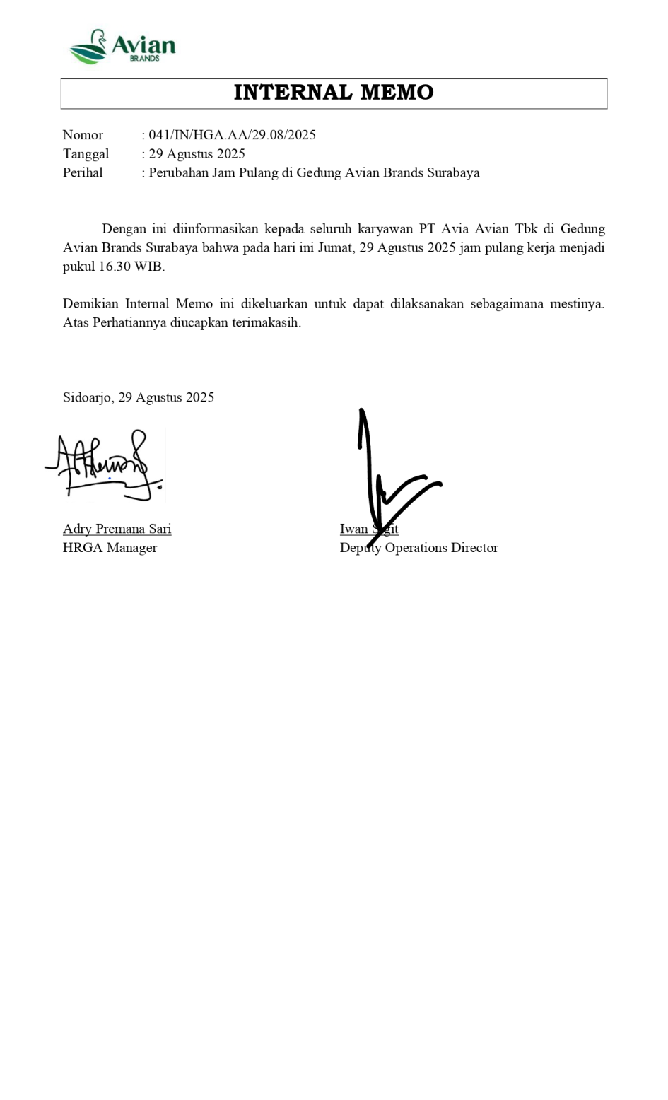 IM Perubahan Jam Pulang di Gedung Avian Brands Surabaya
