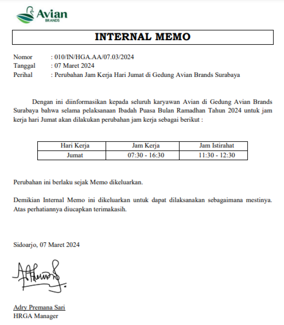 IM Perubahan Jam Kerja Gedung Avian Brands Surabaya Selama Bulan Ramadhan 2024