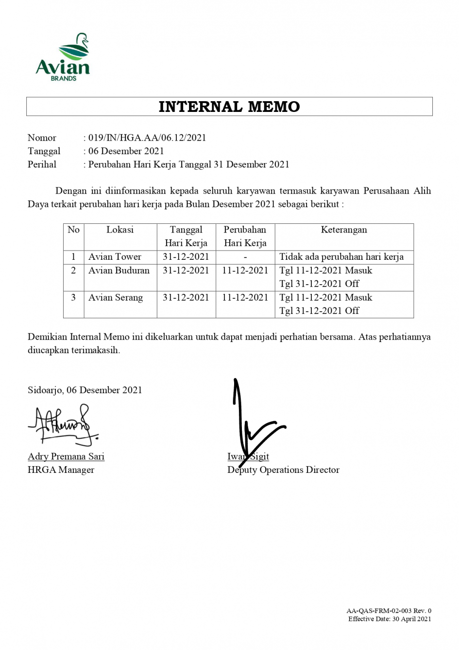 IM Perubahan Hari Kerja Tanggal 31 Desember 2021