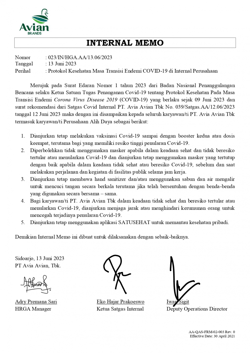 IM Protokol Kesehatan Masa Transisi Endemi COVID-19 di Internal Perusahaan