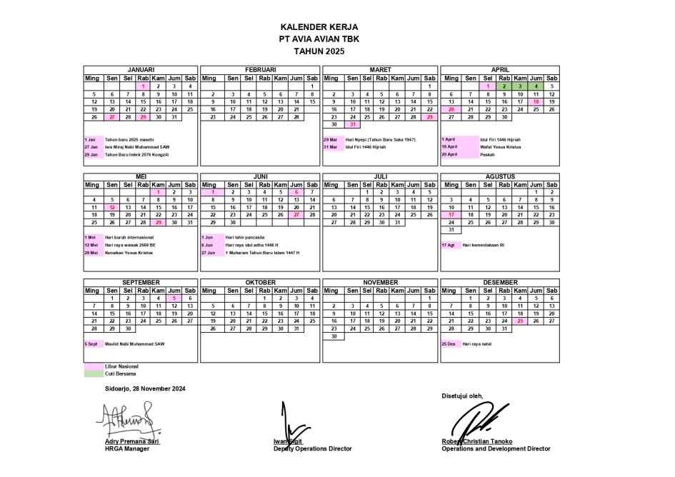 Kalender Kerja PT Avia Avian Tbk Tahun 2025