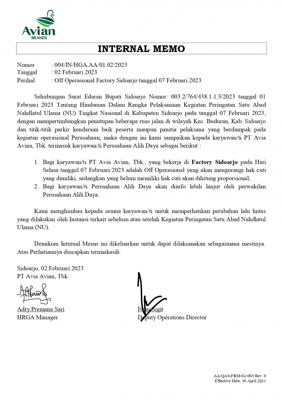 IM Off Operasional Pabrik Sidoarjo tanggal 07 Februari 2023