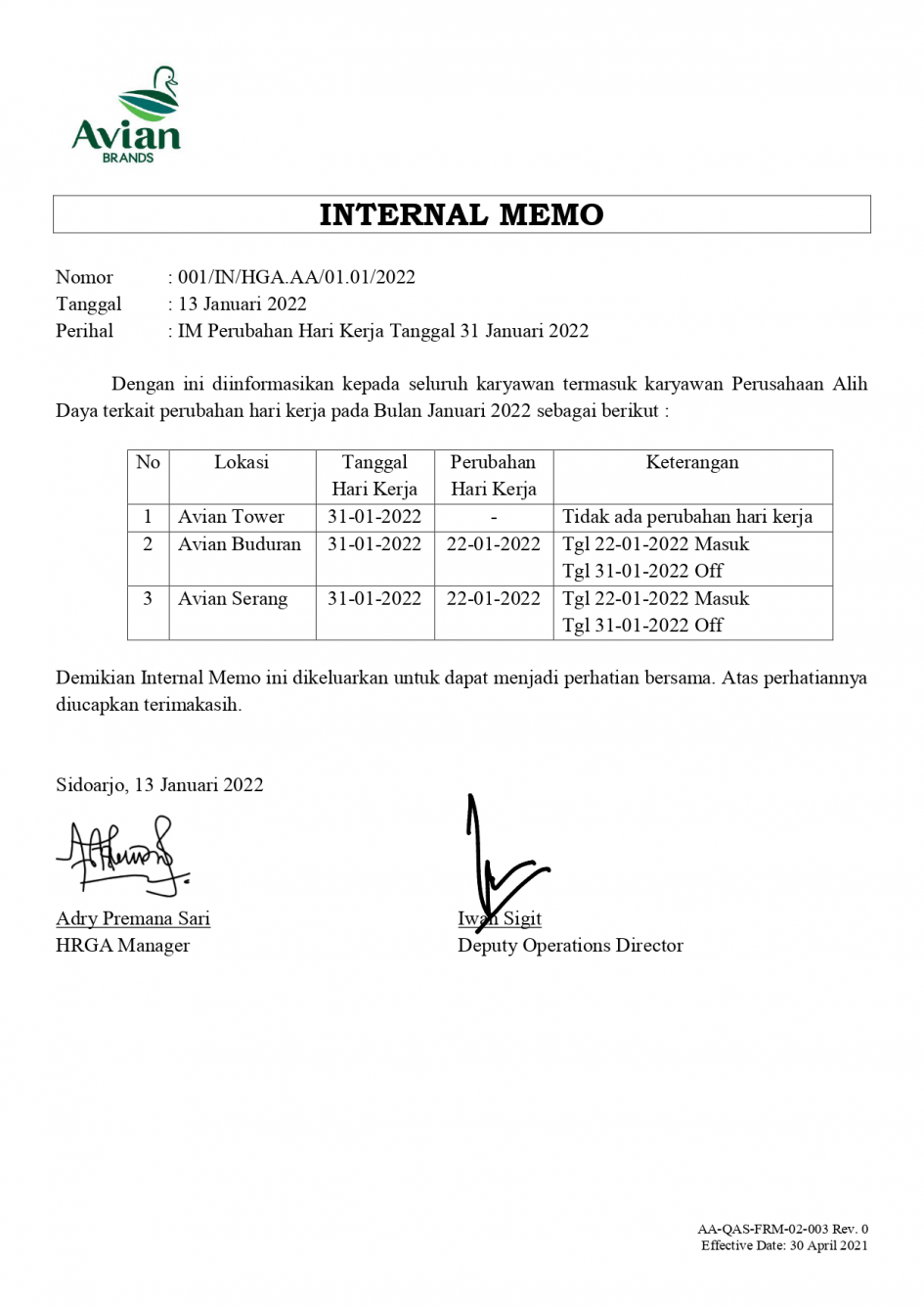 IM Perubahan Hari Kerja Tanggal 31 Januari 2022