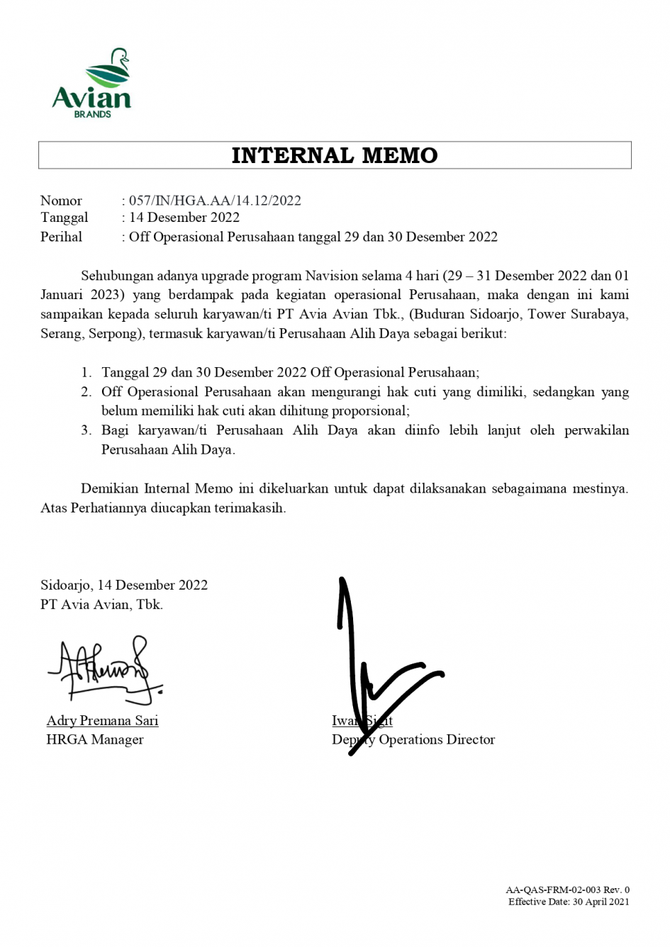 IM Off Operasional Perusahaan tanggal 29 dan 30 Desember 2022