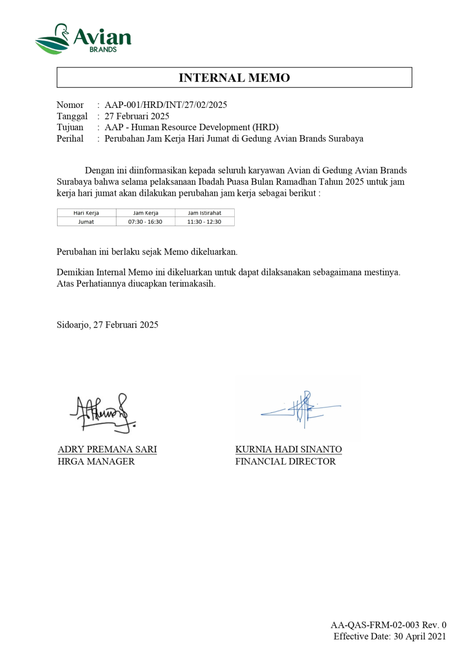IM Perubahan Jam Kerja Gedung Avian Brands Surabaya Selama Bulan Ramadhan 2025