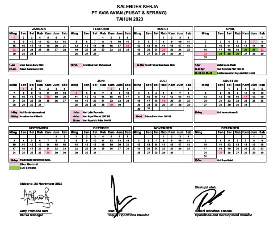 KALENDER KERJA 2023 PT AVIA AVIAN Tbk