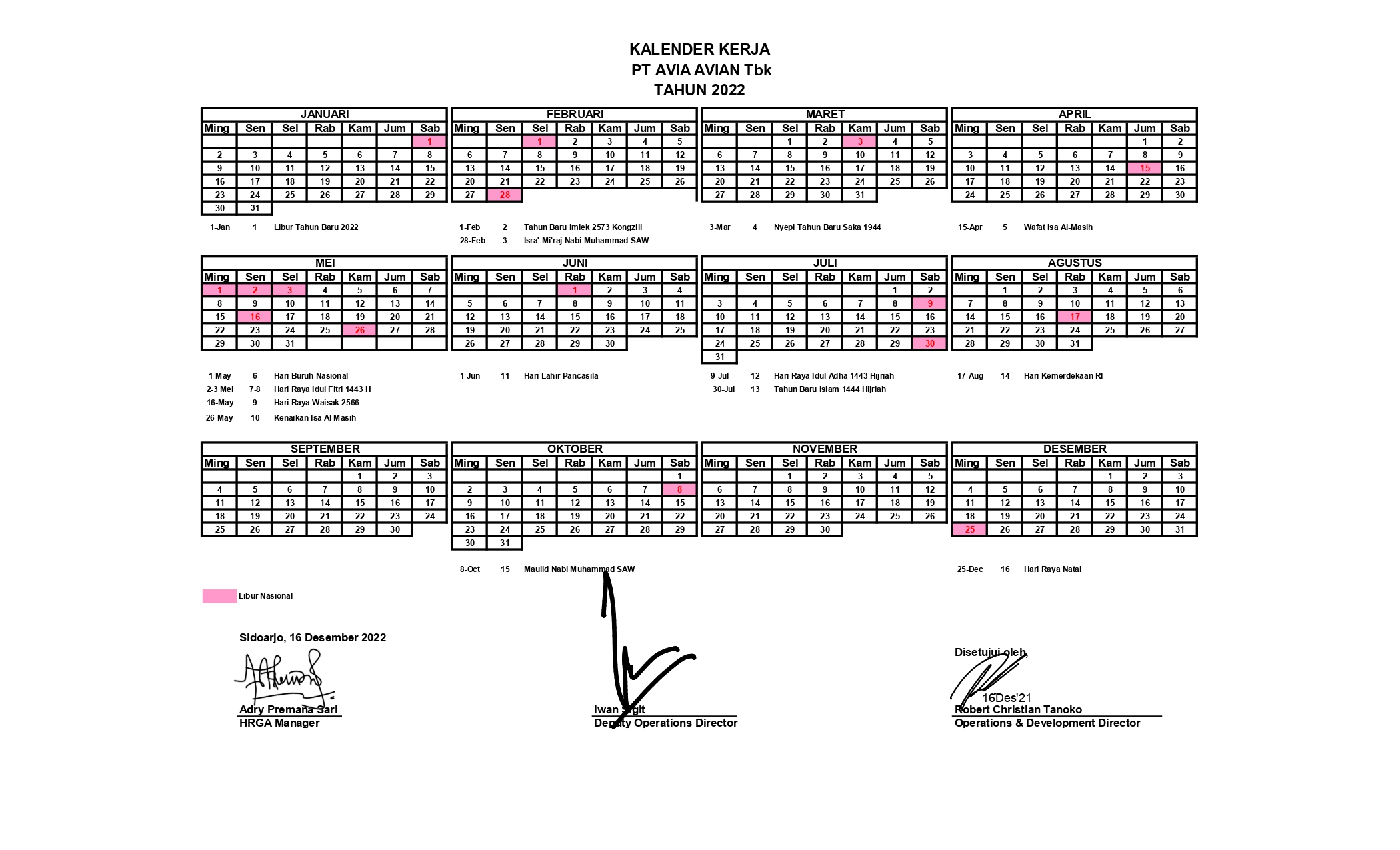 KALENDER KERJA 2022 PT. AVIA AVIAN Tbk
