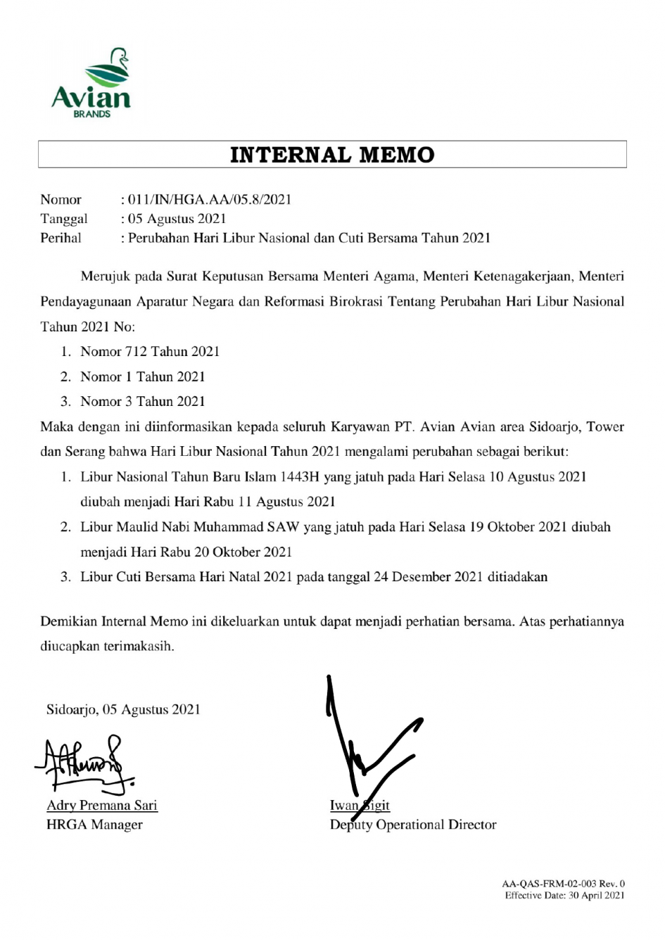 IM PERUBAHAN HARI LIBUR NASIONAL DAN CUTI BERSAMA TAHUN 2021
