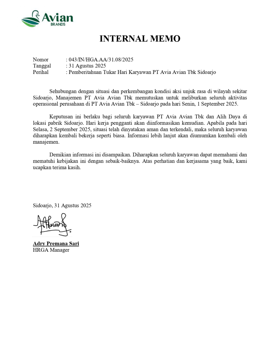 IM Pemberitahuan Tukar Hari Karyawan PT Avia Avian Tbk Sidoarjo dan Alih Daya